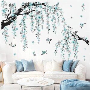 Blue Flower Branch Wall Decal Peel Stick Watercolor Blossom Tree Wall Sticker